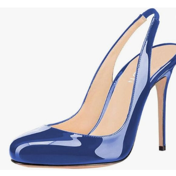 YDN Navy Round Toe High Heels Pumps Slip on Evening Shoes with Slingback - Picture 1 of 8